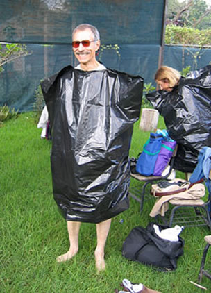 Changing clothes in a garbage bag