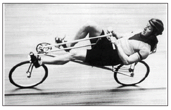 French bicycle racer Francis Faure riding a Mochet “Velocar” recumbent during a 1933 speed record attempt