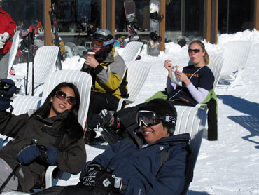 Skiers lounging in the Mammoth sun