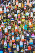 Painted fishing floats strung along a net in Apalachicola