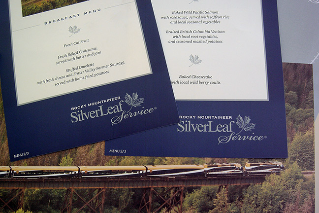 Rocky Mountaineer menus aboard the Silver Leaf