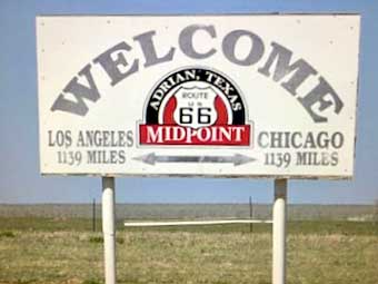 Midpoint Route 66 sign in Adrian, Texas