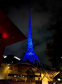 Melbourne, The spire lit up at night