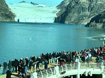 Greenland Prins Christian Sund Glacier and ship passengers