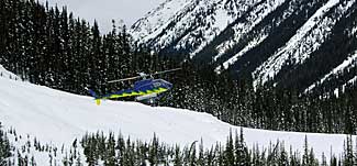 Heli takeoff for skiers