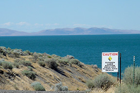 Pyramid Lake wind caution sign