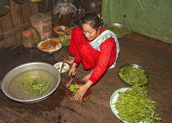 Cambodia Koh Trong Island woman prepares vegetables