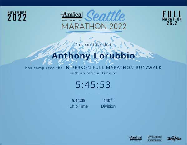 Anthony Lorubbio's Seattle Marathon race certificate