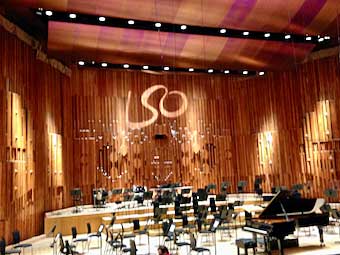 The stage of the London Symphony Orchestra’s home at London’s huge Barbican Center