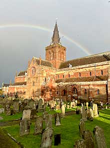 Saint Magnus Cathedral bedecked by a Scottish rainbow in Kirkwall
