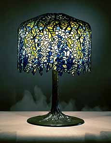 Tiffany library lamp. Wisteria design lamp and shade, leaded glass, bronze, c.1901
